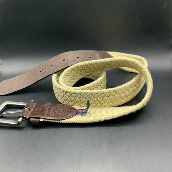 Roundtree Yorke Mens belt 44 110 Leather Beige Tan Cotton Webbing Woven Casual - Picture 6 of 7